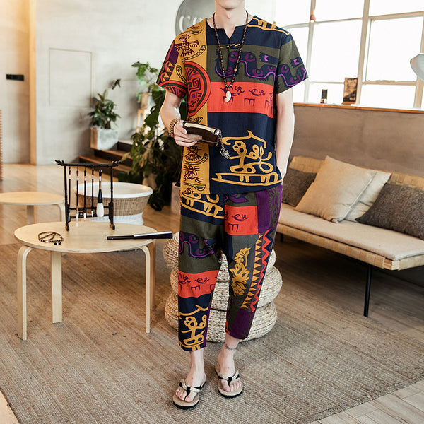 Ethnic Retro Short Sleeve T Shirt Casual Pants