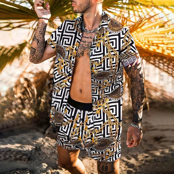 Breathable Lapel Short Sleeve Shirtelastic Waist Beach Shorts