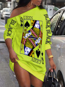 Slant Shoulder Queen Poker Print Dress