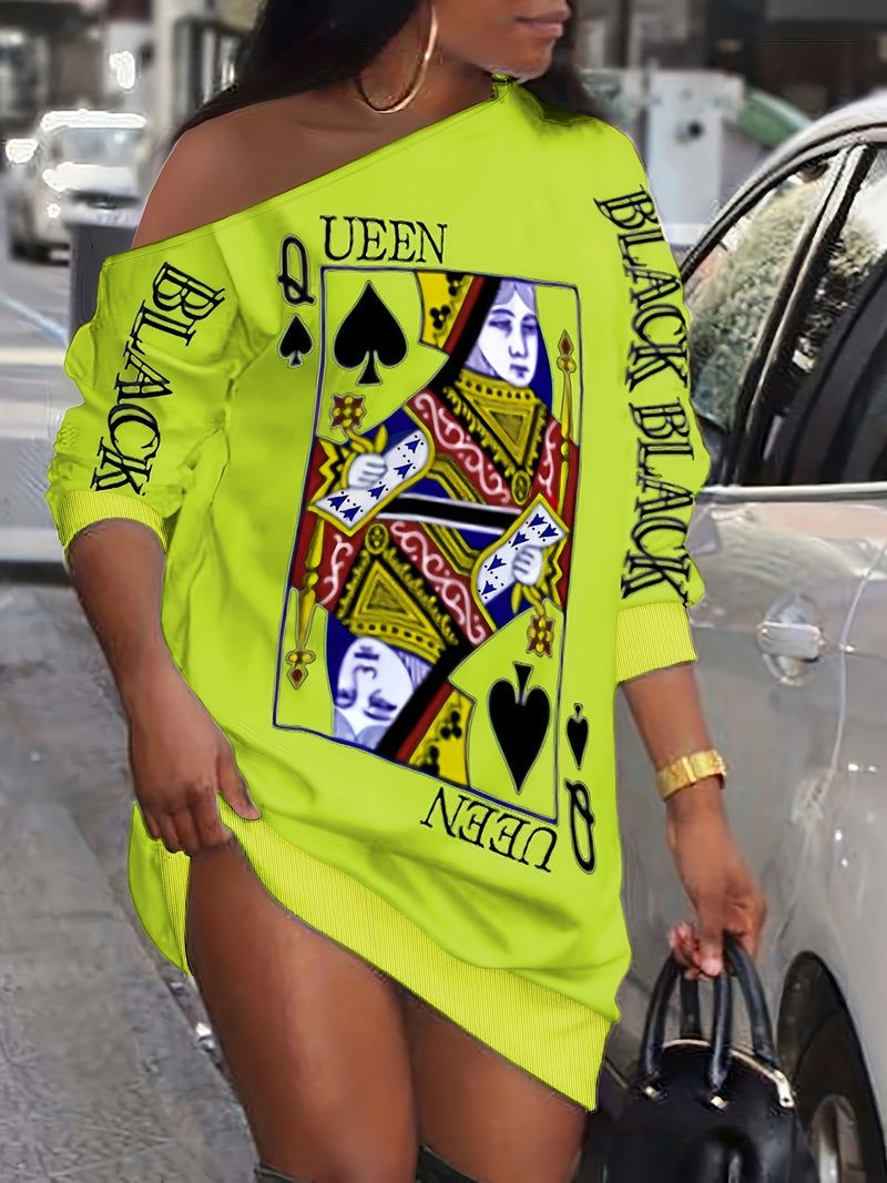 Slant Shoulder Queen Poker Print Dress