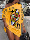 Slant Shoulder Queen Poker Print Dress