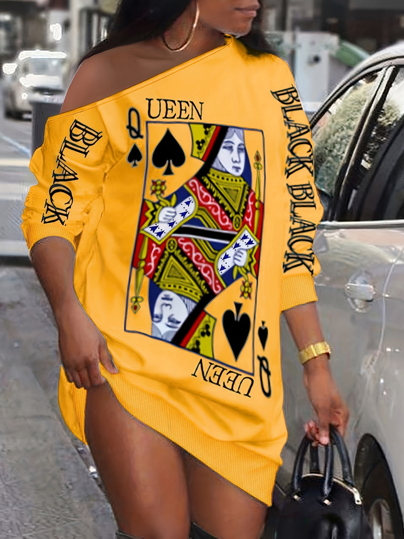 Slant Shoulder Queen Poker Print Dress