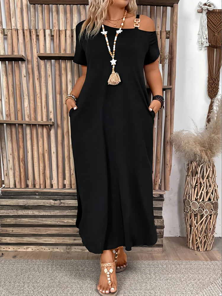 Elegant Slit Metal Buckle Single Shoulder Short Sleeve Dress