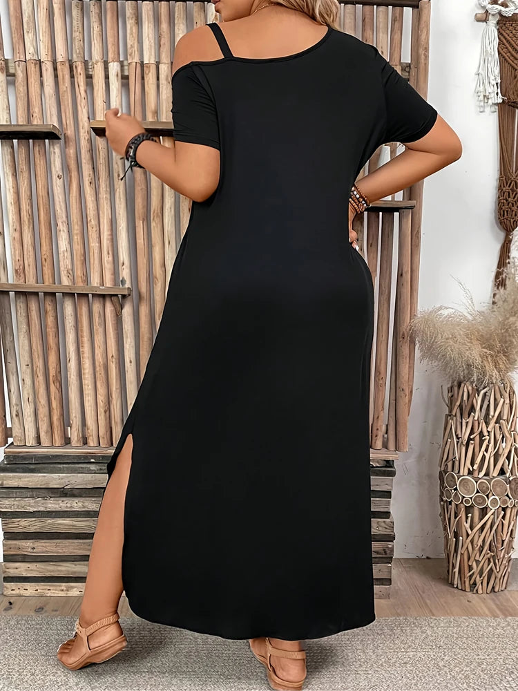 Elegant Slit Metal Buckle Single Shoulder Short Sleeve Dress