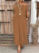 Elegant Slit Metal Buckle Single Shoulder Short Sleeve Dress