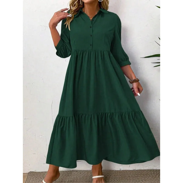 Casual Dress with Mid-Length Sleeves Front Pleated Button