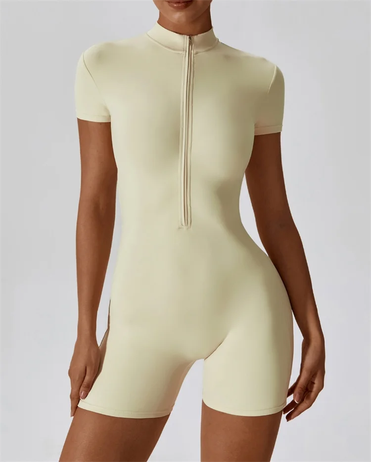 Nude Short Sleeve Yoga Jumpsuit | Half-Zip Fitness Bodysuit