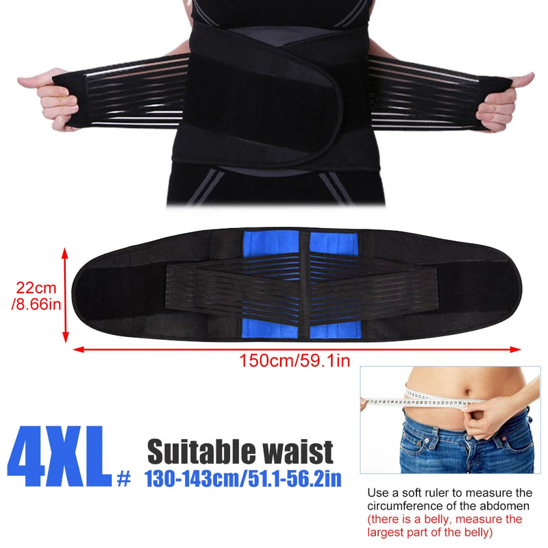 Tcare Adjustable Neoprene Double Pull Lumbar Support Lower Brace Pain Relief Waist Band S-6XL Plus Size, Unisex Back Belt Lumbar