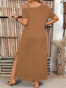 Elegant Slit Metal Buckle Single Shoulder Short Sleeve Dress