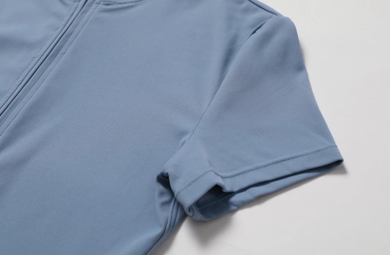 Nude Short Sleeve Yoga Jumpsuit | Half-Zip Fitness Bodysuit