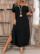 Elegant Slit Metal Buckle Single Shoulder Short Sleeve Dress