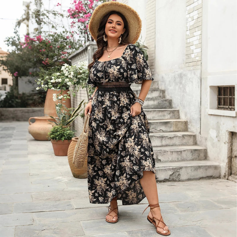 Square Neck Short Sleeved Casual Dress