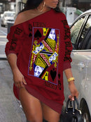 Slant Shoulder Queen Poker Print Dress