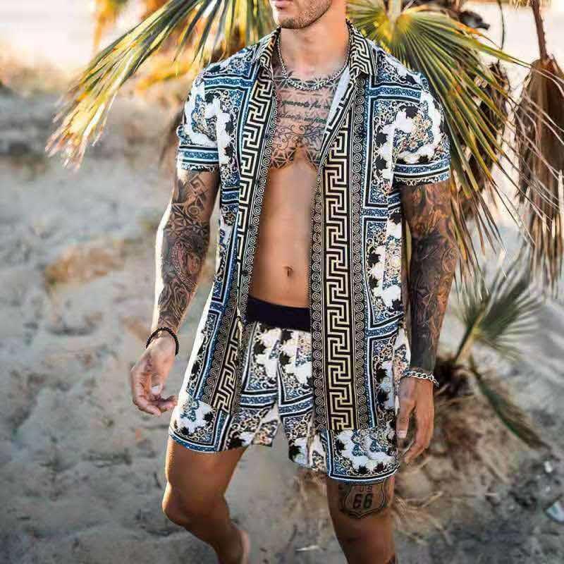 Breathable Lapel Short Sleeve Shirtelastic Waist Beach Shorts